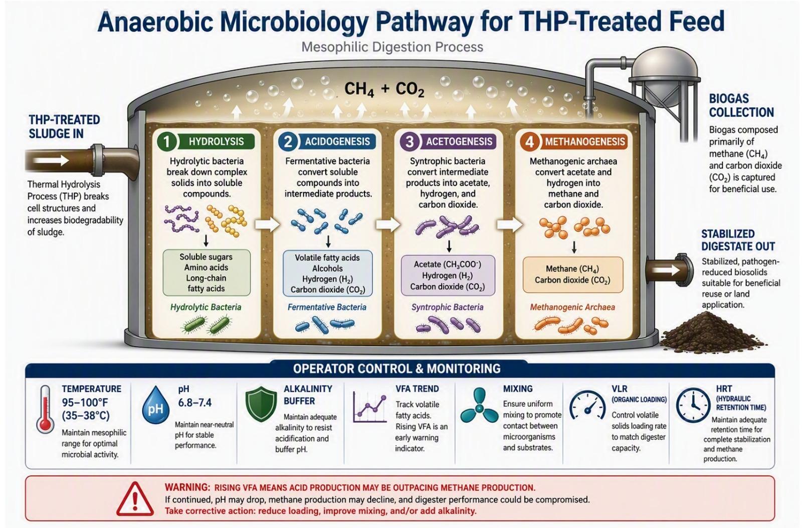 Chart titled Anaerobic Microbiology Pathway for THP-Treated Feed showing the four stages of digestion: hydrolysis, acidogenesis, acetogenesis and methanogenesis, with operator controls for temperature, pH, alkalinity, VFA, mixing, loading and retention time