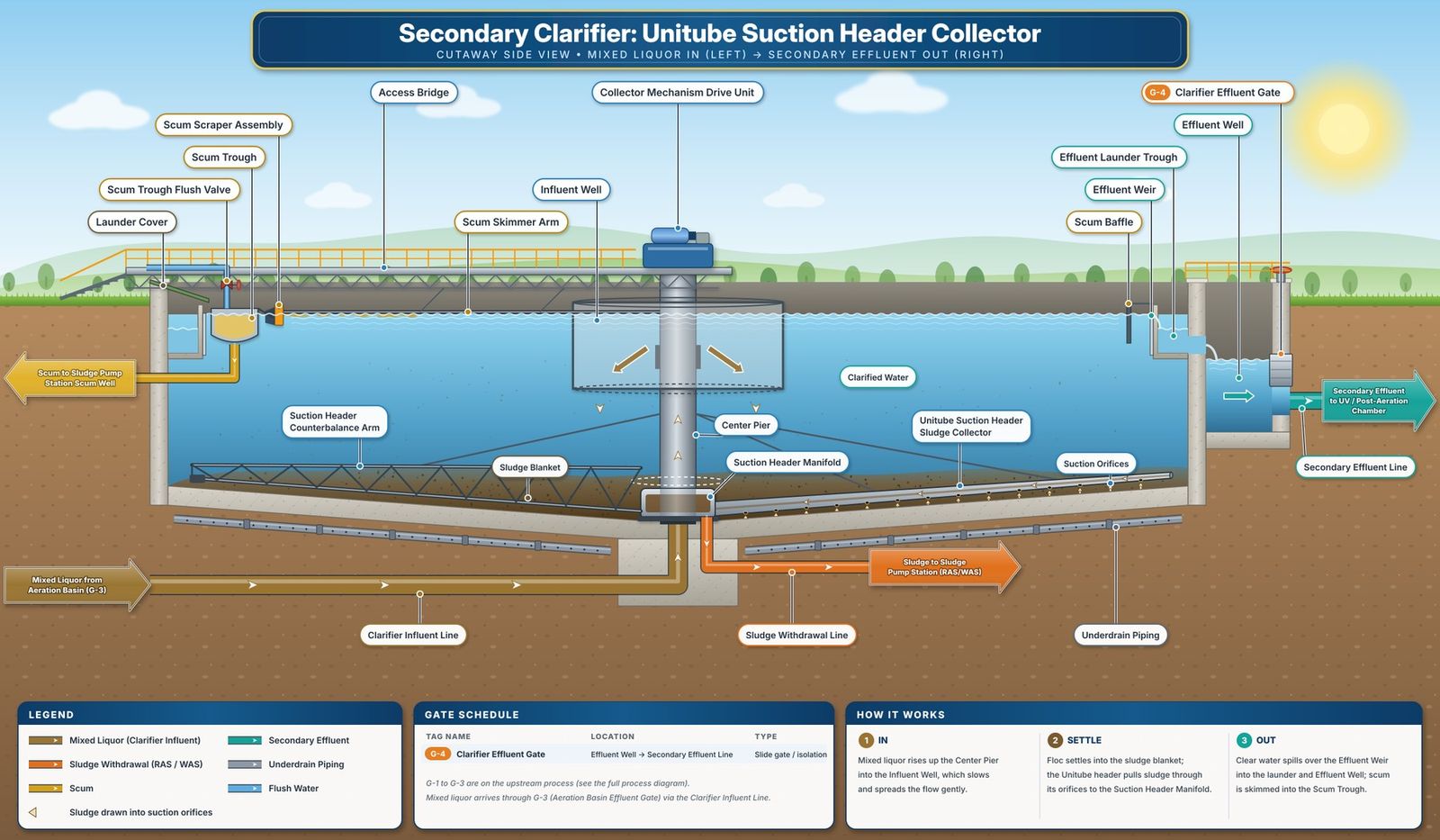 Cutaway side view of a secondary clarifier showing mixed liquor entering the influent well, the suction header sludge collector, the sludge blanket, the scum skimmer, and the effluent weir and launder